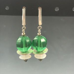Green Fluted Glass Bead Dangle Post Earrings